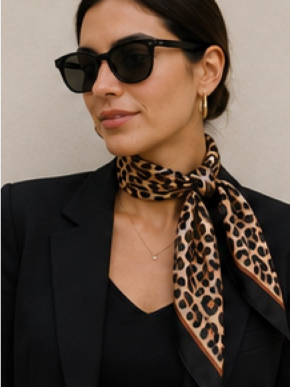 Leopard Print Satin Scarf 26β x 27β Neutral Black & Beige Square Scarf - Picture 3 of 10